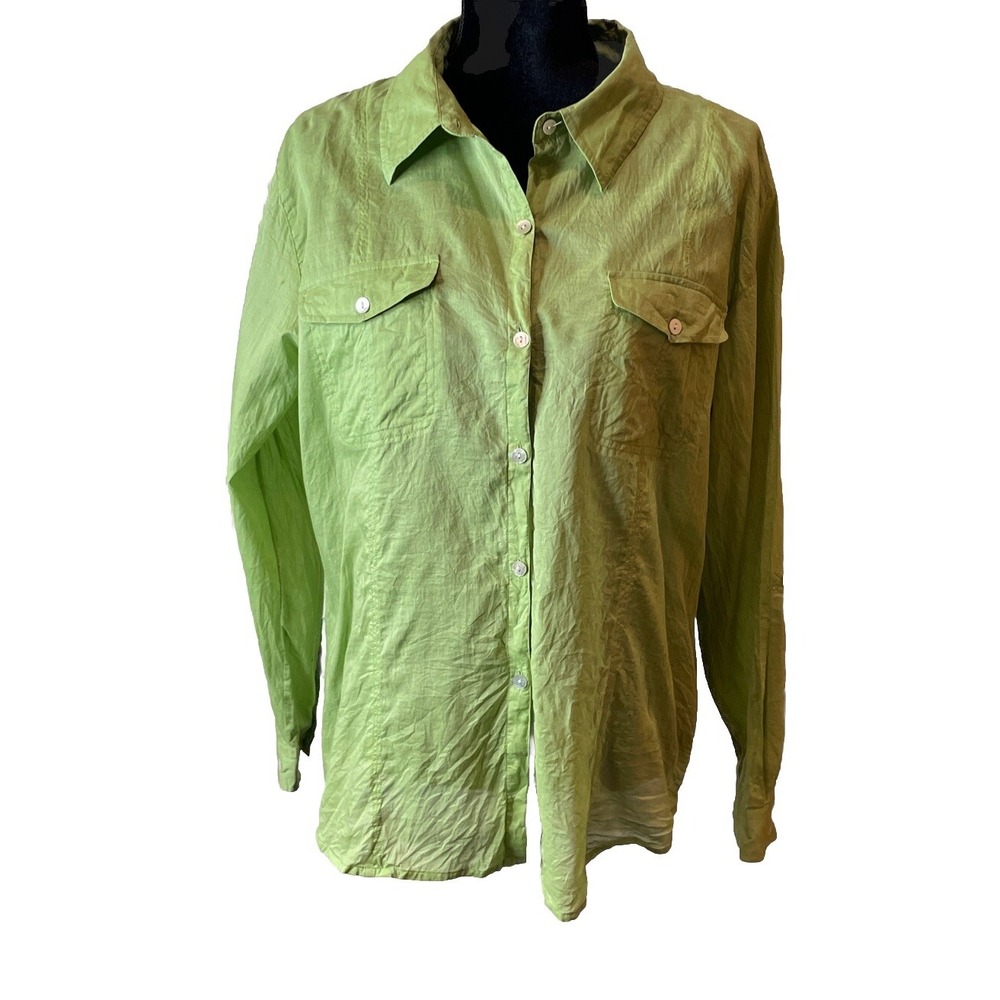 Chicos 3 US XL Button Down Shirt Lime Green Long Sleeve Cotton Utility Top